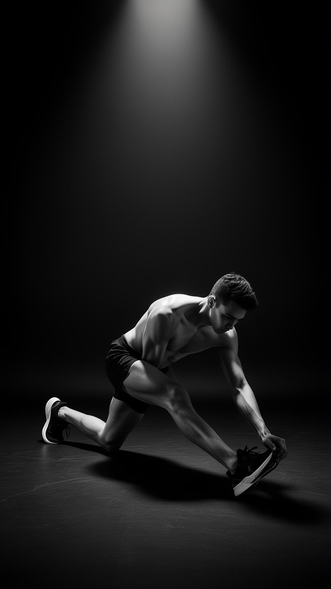 Athlete stretching in spotlight
